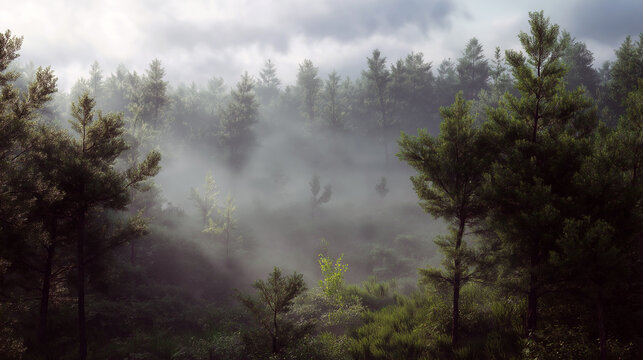 Green morning forest in thick damp fog.