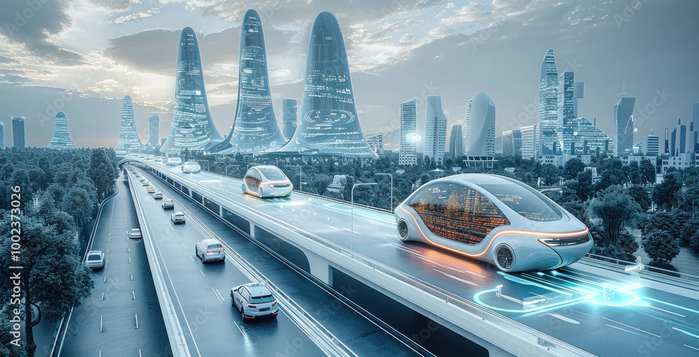 Poster a futuristic cityscape with autonomous cars navigating intelligently. taken from an elevated positio
