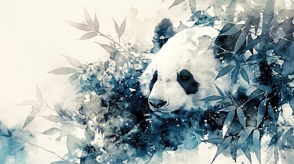   A watercolor image of a panda resting atop a tree, surrounded by foliage