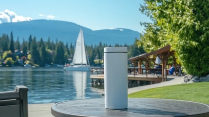 Naklejka premium A white tumbler rests on sandy beach with a sailboat sailing in the background, framed by swaying palm trees under a bright blue sky
