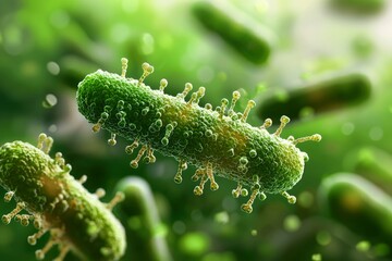 Naklejka premium Microscopic View of a Green Rod-Shaped Bacteria with Spikes