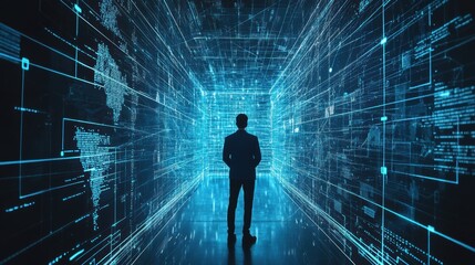 A cybersecurity expert navigates a digital landscape filled with glowing codes and protective firewalls at night. Generative AI