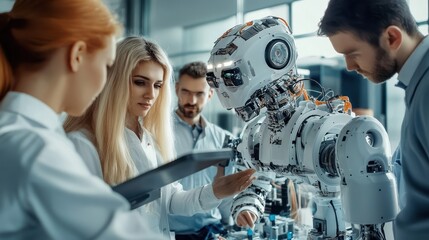 Team of scientists working on humanoid robot.