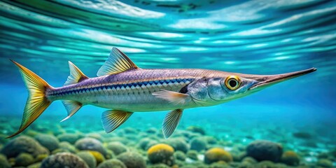 Fototapeta premium A Houndfish glides elegantly through pristine waters, its elongated body and distinctive characteristics captivating all who witness its graceful movements beneath the surface.