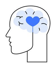 Outline of a human head with brain and heart icons. Ideal for mental health awareness, emotional intelligence, psychology, healthcare, wellness programs. Clean, modern vector style.
