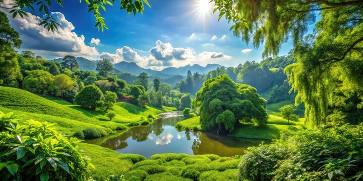 A lush, green bocage unfolds, vibrant foliage flourishing peacefully under a cloudless sky, creating a serene atmosphere that invites contemplation and appreciation of nature's beauty.