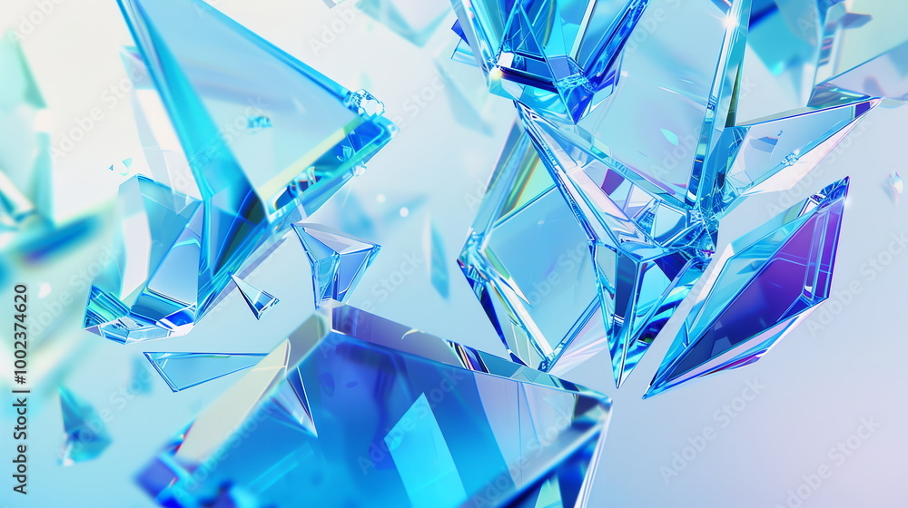 Fototapete Abstract futuristic glass shapes with a holographic effect on a white background, 3D render style. An abstract futuristic style design concept Pieces of ice on a white background