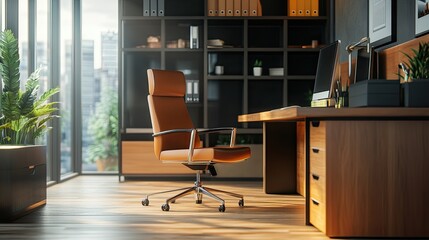 a stylish office furniture setup, featuring an ergonomic chair, a modern desk, and sleek storage units in a corporate environment.