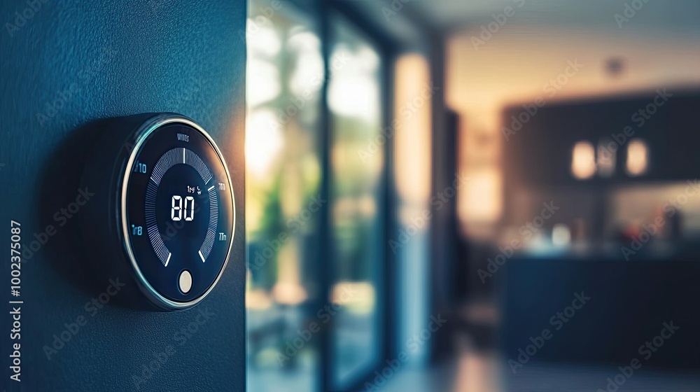 Poster a thermostat in a home showing the current air temperature, with an automated system adjusting to ma