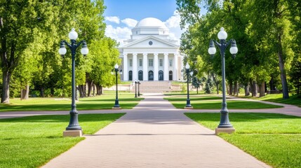 The closed state capital building stands majestically under a clear blue sky, surrounded by green grass and trees on a warm summer day