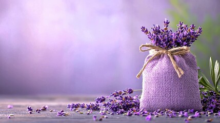 A lavender sachet with dried flowers, set against a soft, blurred background featuring gentle hues of purple.