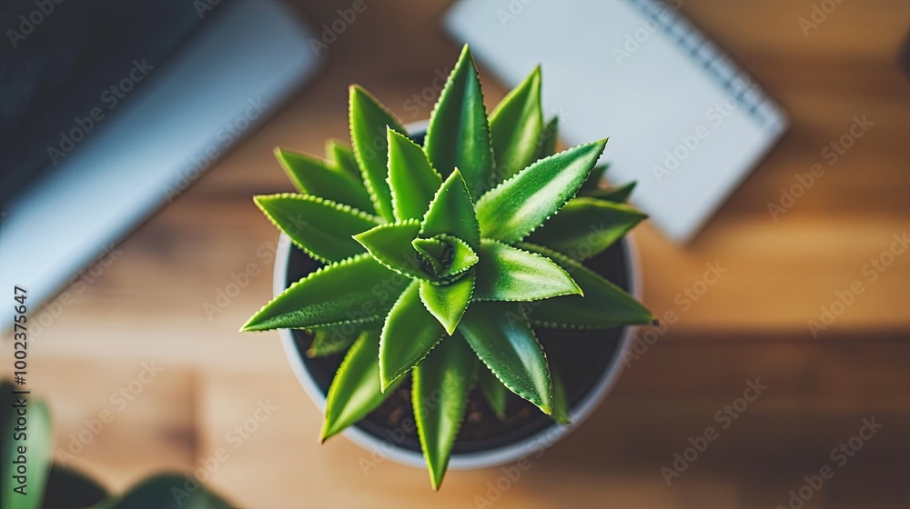 Aufkleber a top view of a desk with a small plant, adding a touch of greenery next to a computer and notebook.