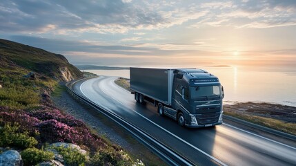 A truck drives along a winding road by the coast during sunset.