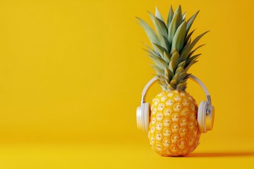Summer minimalist pop art photography made with pineapple wearing headphones and listening to music.Minimal concept summer and party.Celebrating the summer vibes.Creative art.with generative ai