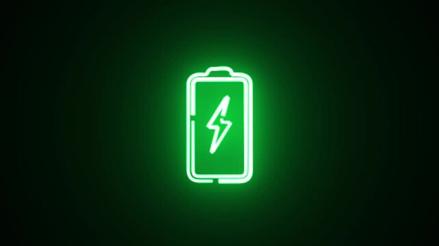  Battery  charged icon animated video on a 
 green and black background.
