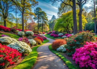 A peaceful winter scene unfolds in Azalea Park, where vibrant flowers bloom alongside tranquil pathways, creating a serene atmosphere within this picturesque landscape.