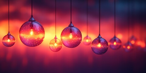 Fototapeta premium Hanging glass bulbs glowing with warm light in a soft gradient background, creating a modern, atmospheric design perfect for innovative or creative projects.