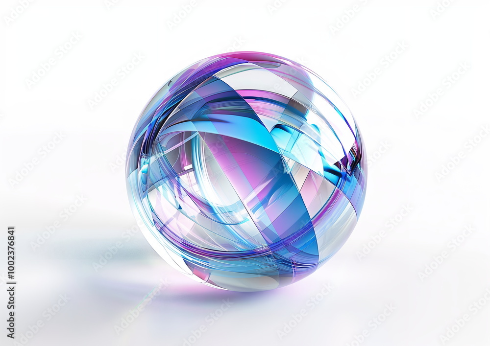 Fototapete abstract transparent glass sphere with blue and purple lines on white background, 3d rendering illus