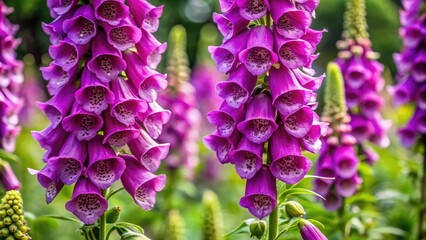 A radiant purple foxglove flourishes in a garden, its vivid blossoms captivating with intricate details, showcasing nature's exquisite artistry and vibrant colors in full bloom.