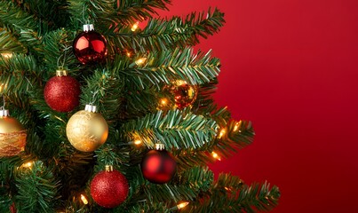 Decorated Christmas tree branch close up details , Generative AI