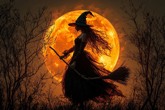 A young witch in a flowing black dress and pointy hat flies on her broomstick across the night sky, illuminated by a bright orange full moon, creating an enchanting and magical scene