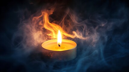 A single candle flame burns brightly, casting a warm glow against a backdrop of swirling smoke, creating a mesmerizing and ethereal scene.