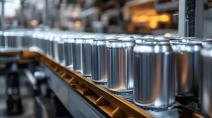 Naklejka premium Empty new aluminum cans for drink process in factory line on conveyor belt machine at beverage industrail business concept