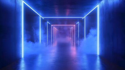 Naklejka premium Neon Lights Corridor with Smoke, 3D Render