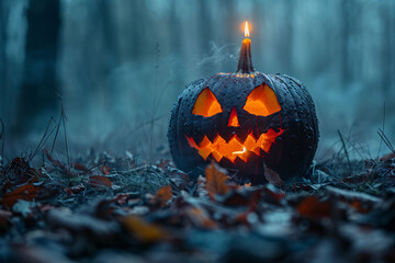 A Halloween pumpkin with a carved smiling face and a glowing candle inside, isolated on a dark background. Ideal for Halloween-themed projects, social media, and print