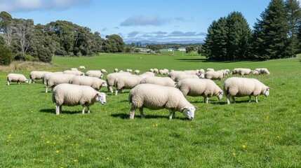 Fototapeta premium A large flock of white sheep grazes on lush green grass near an urban area, with trees and yellow flowers framing their peaceful path under a bright blue sky.