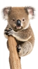 Fototapeta premium A koala bear clings to a eucalyptus branch, showcasing its distinctive features in a tranquil and isolated atmosphere