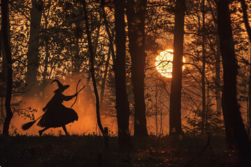 A young witch soars through the sky on her broomstick as the sun sets behind the misty forest. The warm orange hues of the sky and the dark silhouette of the trees create a magical atmosphere