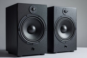 Fototapeta premium Black Studio Monitors Placed Side by Side Against a Gray Backdrop in a Modern Setting