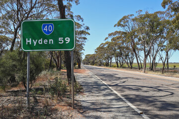 Road sign, distance (59 km) to the town of Hyden in the Wheatbelt region of Western Australia. Well known for Wave Rock