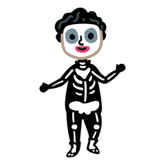 Naklejka premium Funny Cute boy in skeleton costume for Halloween holiday character isolated on white background. Carnival costume. Child in festive outfit for Halloween.