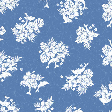 Cute hibiscus and dolphin pattern suitable for textiles,