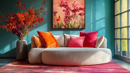 Stylish living room with a round ottoman, fresh floral arrangements, and colorful decor, creating a lively yet cozy atmosphere. Home decor and mock up poster frame,