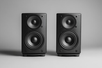 Obraz premium High-quality Black Speakers Placed on a Neutral Background for Audio Enthusiasts in a Modern Space