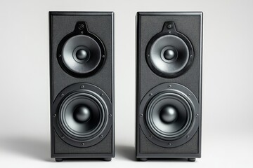 Fototapeta premium Two Sleek Black Speakers Stand Side by Side, Showcasing a Stylish Design