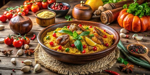 Fototapeta premium A traditional Maklouba served on a rustic table, showcasing fresh ingredients and aromatic spices, inviting you to experience the delightful flavors of the Middle East.