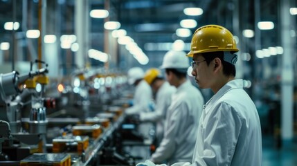Obraz premium Workers in a factory wearing safety helmets and white coats, engaged in production on an assembly line with bright overhead lights