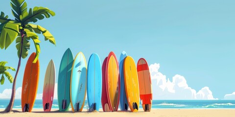Surfboards on the Beach with a Palm Tree