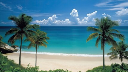 Fototapeta premium a tropical beach from a top view, showcasing palm trees lining the coastline, clear blue waters, and soft white sand.