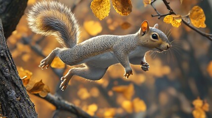 Obraz premium A squirrel flies through the air near a tree with yellow leaves on its branches, while a tree with yellow leaves stands in the background