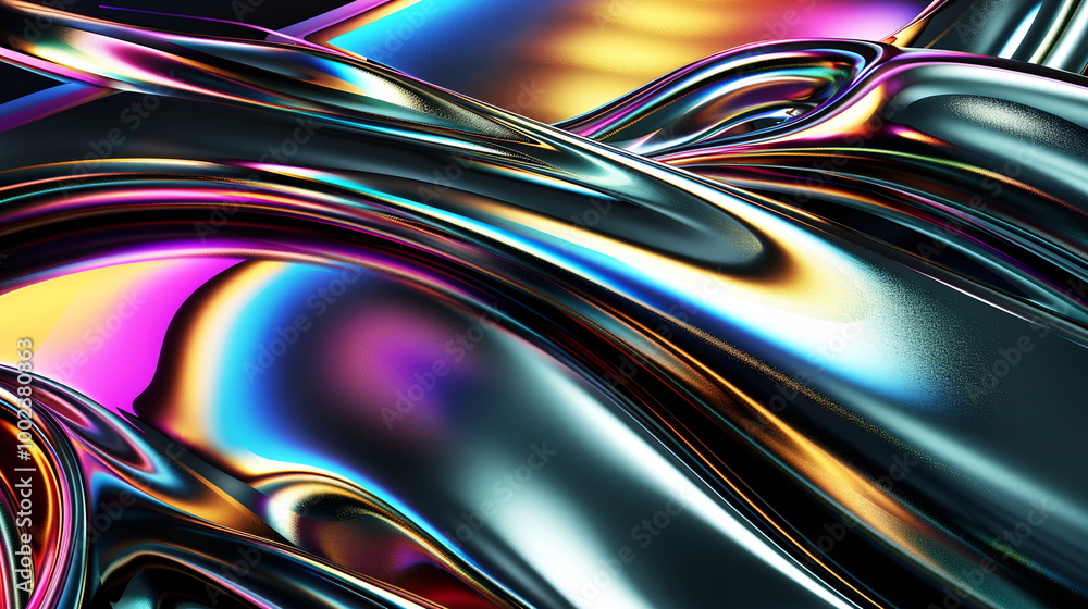 Poster 3d render of abstract futuristic glossy background with iridescent rainbow reflection on black, meta