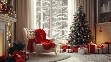 White Christmas background in the room with a beautiful interior with a Christmas tree fireplace and Christmas decorations calm atmosphere