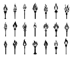 Flaming Torches with fire black icons set. Sport victory success achievement symbol Olimpic games logo. Vintage old medieval light source. Black and white simple flat style. Isolated vector on white