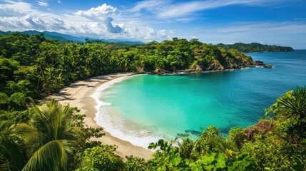 a vibrant tropical beach from a top view, showcasing clear blue waters, white sand, and a lush, green forest in the background.