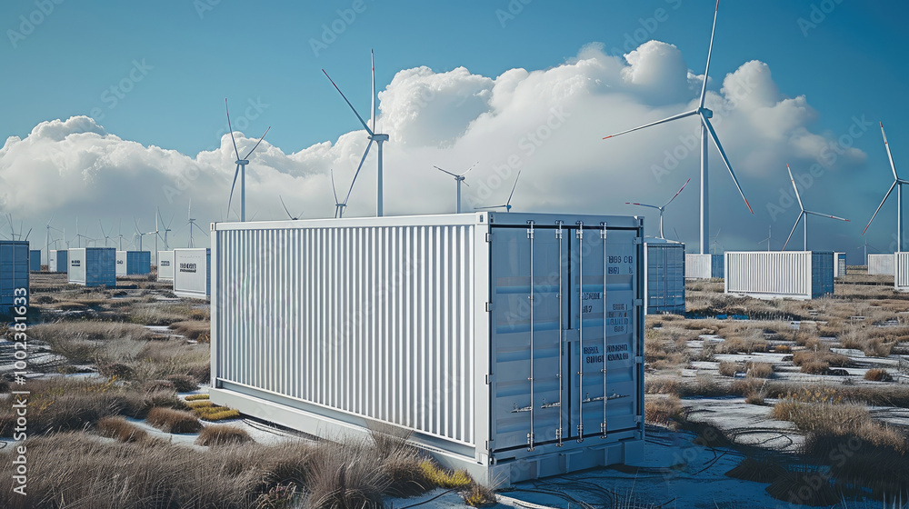 Aufkleber An energy storage container with solar panels and wind turbines in the background.