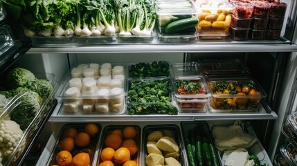 a well-organized fresh food storage in a fridge, filled with neatly packed containers of fruits, vegetables, and dairy products.